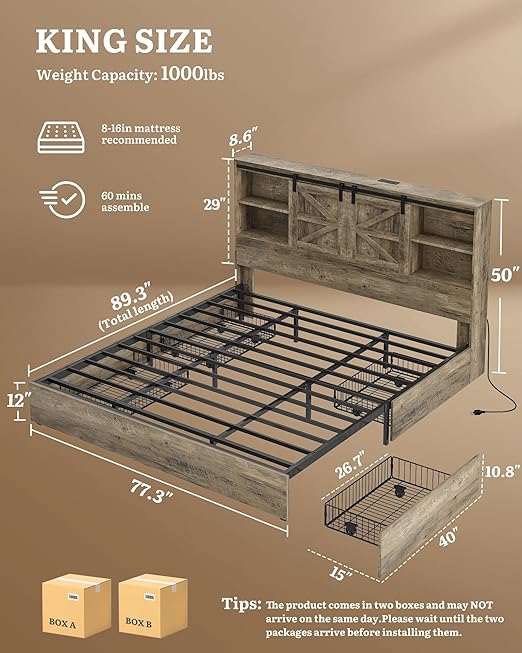 DWVO Farmhouse King Size Bed Frame with Storage Bookcase Headboard, Sliding Barn Door, 4 Storage Drawers, RGB LED Bed Frame with USB Charging Station, No Box Spring Needed, Cement Grey