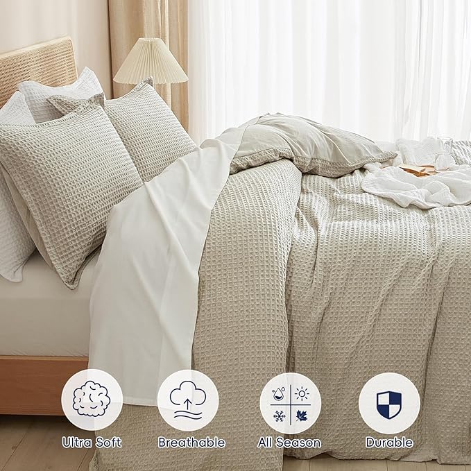 PHF Waffle Weave Duvet Cover Set Twin/Twin XL Size, No Snagging Ultra Soft Luxury Textured Breathable Comforter Cover for All Season 2pcs, Durable Bedding Duvet Set with 1 Pillow Sham, 68"x90", Linen