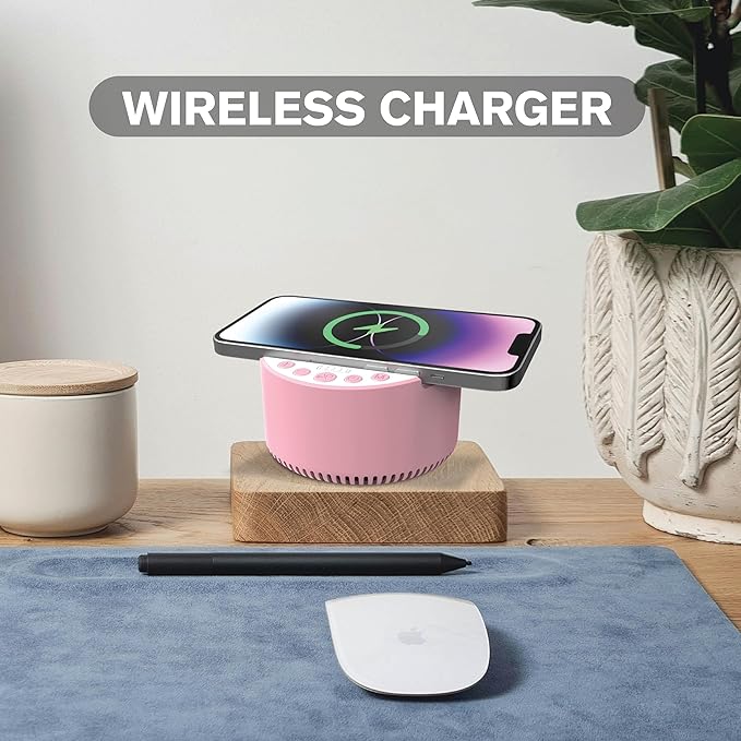 InnoVibeSound Machine with Wireless Charger & Bluetooth Speaker – White Noise Sleep Aid with Memory Function, 6 Soothing Sounds, 3 Timer Modes – Compact Bedside Relaxation Device, Pink