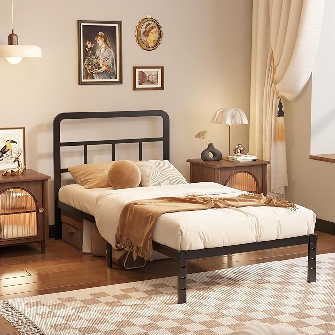 Husleephu Twin XL Bed Frames with Headboard, 12 Inch Twin XL Metal Bed Frame No Box Spring Needed, Heavy Duty Metal Slats, Noise Free, Easy Assembly, Black