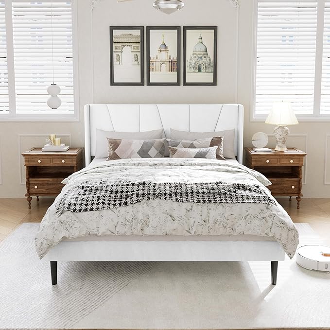 HAOARA Queen Bed Frame with Headboard, Velvet Upholstered Platform Bed Frames with Wingboard, Contemporary Mattress Foundation, Noise Free, No Box Spring Needed, Easy Assembly, White