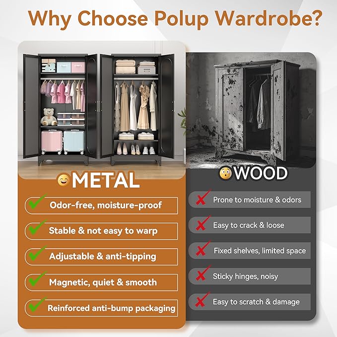 Polup Metal Armoire Wardrobe Closet with Mirror, 71" Tall Steel Clothing Storage Cabinet with Doors, Hanging Rod and Adjustable Shelves, Freestanding Clothes Organizer for Bedroom, Office, Black