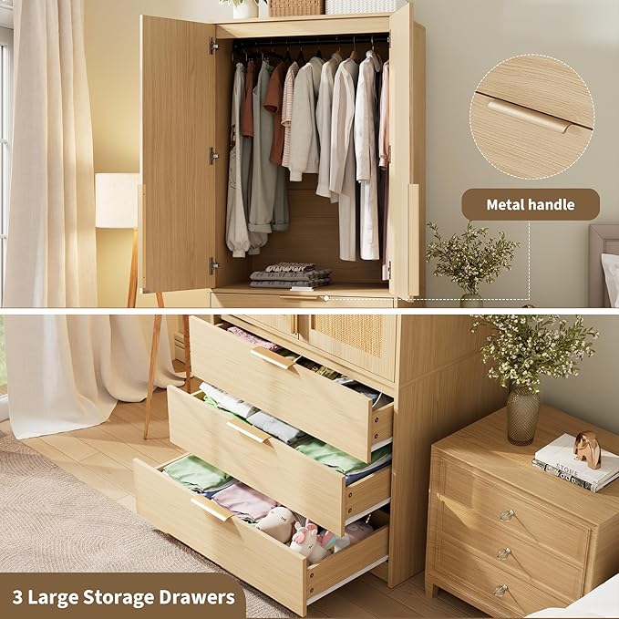 GarveeHome Armoire Wardrobe Closet, 69.5 in Wooden Wardrobe Cabinet with 3 Drawers, Hanging Rod, 2 Doors Clothing Storage Cabinet for Bedroom, Large Capacity Storage, Rattan Door, Natural