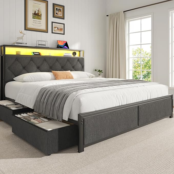 Fluest Queen Bed Frame with 4 Drawers, Upholstered Headboard with Storage, Fast Charging Station, LED Lights, Bed Frame Queen Size with Fabric Drawers, No Box Spring Needed, Easy Assembly, Grey