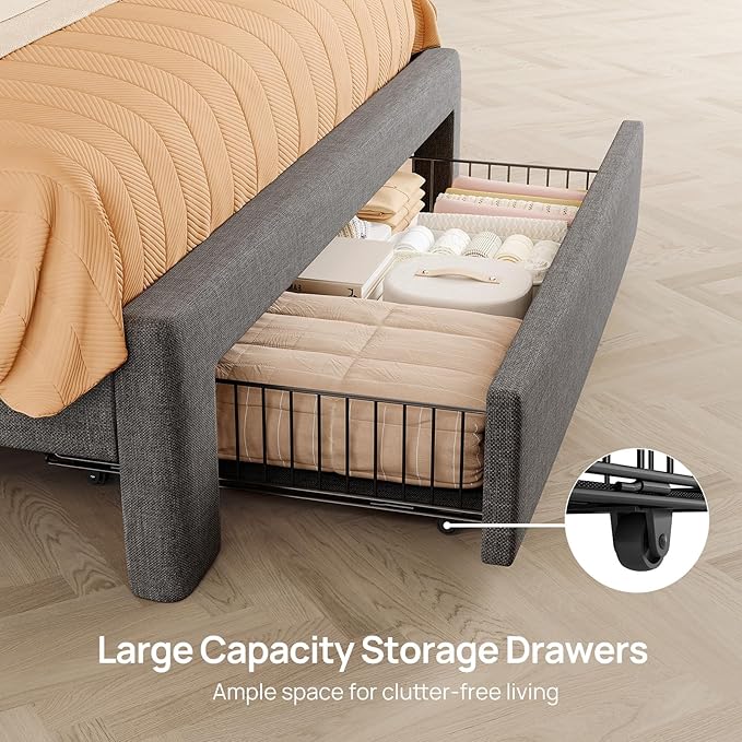 Rolanstar Twin Bed Frame with Drawer, Storage Headboard with Charging Station and LED Lights, Upholstered Bed with Heavy Duty Wood Slats, No Box Spring Needed, Noise Free, Easy Assembly, Dark Grey