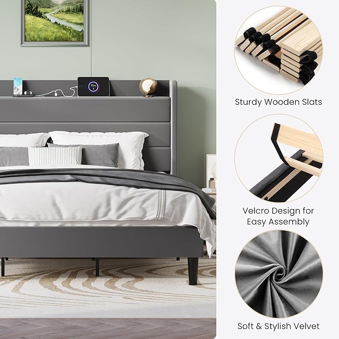 SHA CERLIN King Size Bed Frame with Charging Station, Velvet Upholstered Platform Bed, Wingback Storage Headboard, Type-C & USB Ports, Strong Wooden Slats, No Box Spring Needed, Easy Assembly, Grey