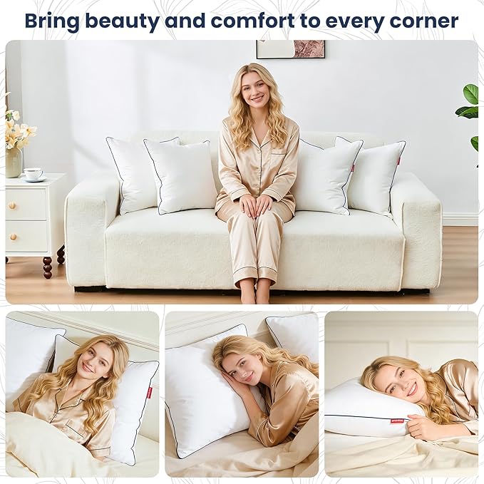 Down Pillow Inserts 20x20, 100% Goose Down Feather Throw Pillows Inserts - Ultra Plush, Decorative Pillow Insert with Soft Cotton Cover for Couch Sofa Bed Living Room White (Pack of 1)