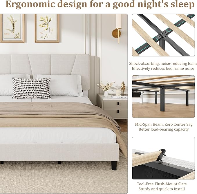 King Size Upholstered Platform Bed Frame with Adjustable Headboard, Fits 8-14 Inch Mattress, Heavy Duty Bed Frame with Wooden Slats Support, Noise-Free, Non-slip, No Box Spring Needed, Easy Assembly