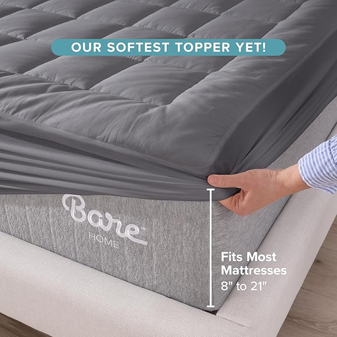 Bare Home Twin Mattress Topper Cotton Top - Plush Topper for Mattress - Fitted Mattress Cover - Cooling Breathable Air Flow - 8" to 21" Deep Pocket - Soft Mattress Pad (Twin, Grey)