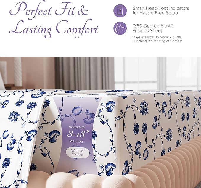 Carressa Linen 100% Egyptian Cotton King Size Sheets Set - 600 Series Hydrangeas Printed Egyptian Cotton Sheets King Size (4 PC, Floral Blue), 16" Deep Pocket Sateen Weave Luxury Bed Sheet