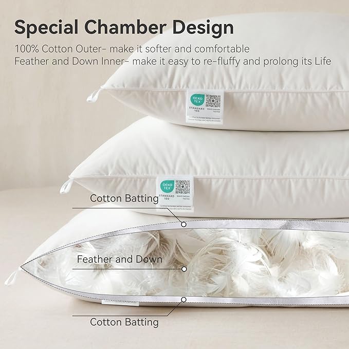 Goose Feather Down Pillows Queen Size Set of 1, Soft Pillows with 100% Organic Cotton Fabric, Luxury Hotel Quality Bed Pillow 1 Pack for Sleeping, Breathable & Fluffy (20" x 30")