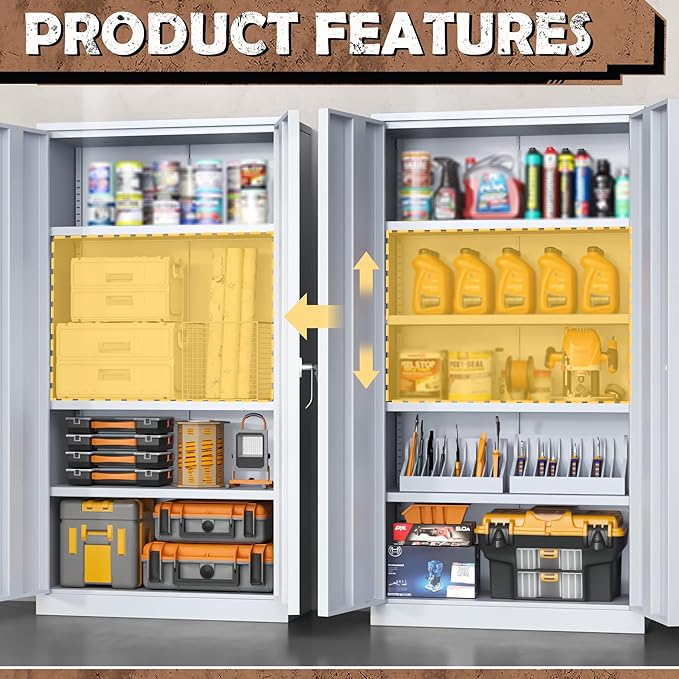 INTERGREAT Tall Metal Storage Cabinet Locking Steel with 4 Adjustable Shelves,72" Lockable Cabinets Lock 2 Doors for Office Garage Supply Home (Cement Gray)