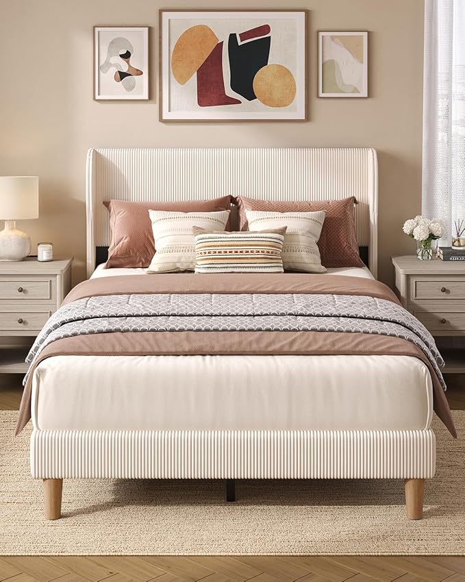 Bestier Full Bed Frame with Wingback Headboard,Upholstered Platform Full Size Bed with Strong Wooden Slats,No Box Spring Needed,Never Squeaks,Easy Assembly,Beige