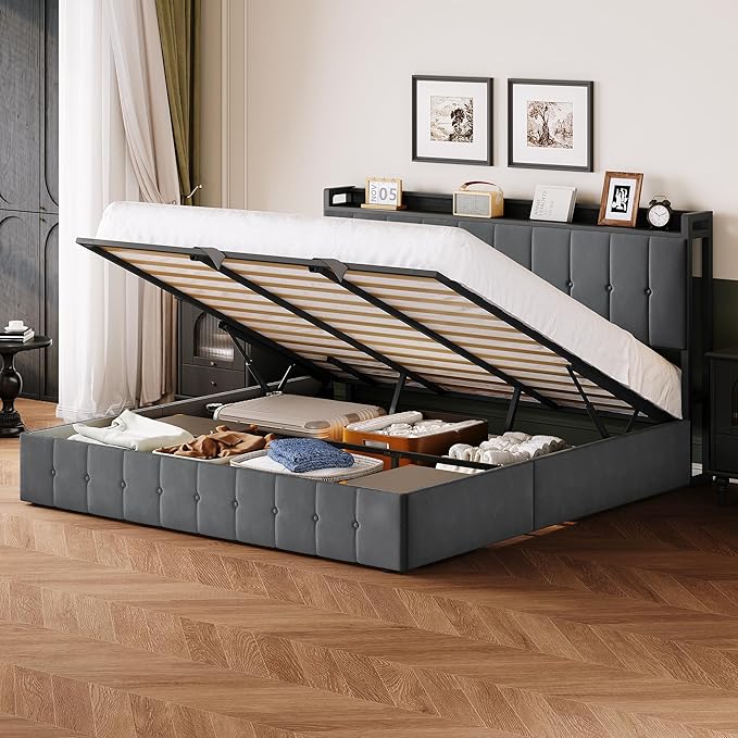 Garvee King Size Lift Up Storage Bed, Upholstered Velvet Bed Frame with Storage Headboard, Metal Platform Bed, No Box Spring Needed, Solid Wooden Slats, Noise Free, Grey