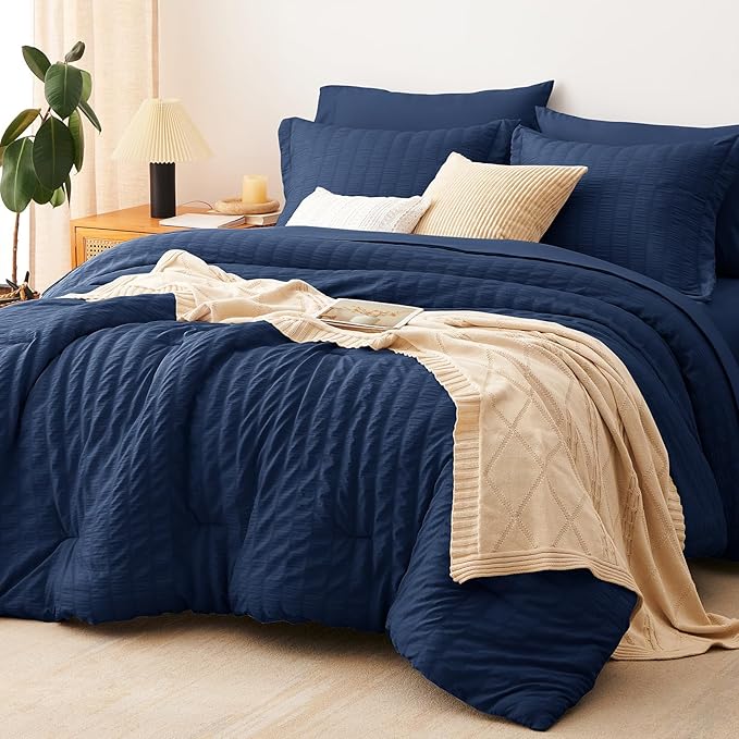 CozyLux Full Size Comforter Sets with Sheets 7 Pieces, Navy Blue Seersucker Bed in a Bag Textured Luxury Soft Bedding Sets with Down Alternative Comforter, Sheets, Pillowcases & Shams for All Seasons