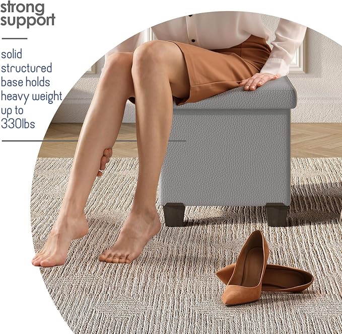 Storage Ottoman Cube with Small Bin, 15-in Square Ottoman with Storage for Living Room and Bedroom, Small Ottomans Foot Rest, Leather Foot Stools Ottomans Max 330lbs, Light Grey