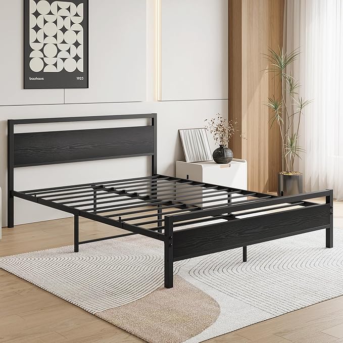 HOJINLINERO Queen Bed Frame with Wood Headboard,Metal Platform Bed Frame Queen Size with Storage No Box Spring Needed,Heavy Duty Queen Size Bed Frame Metal Slats Support Mattress Base No Noise,Black