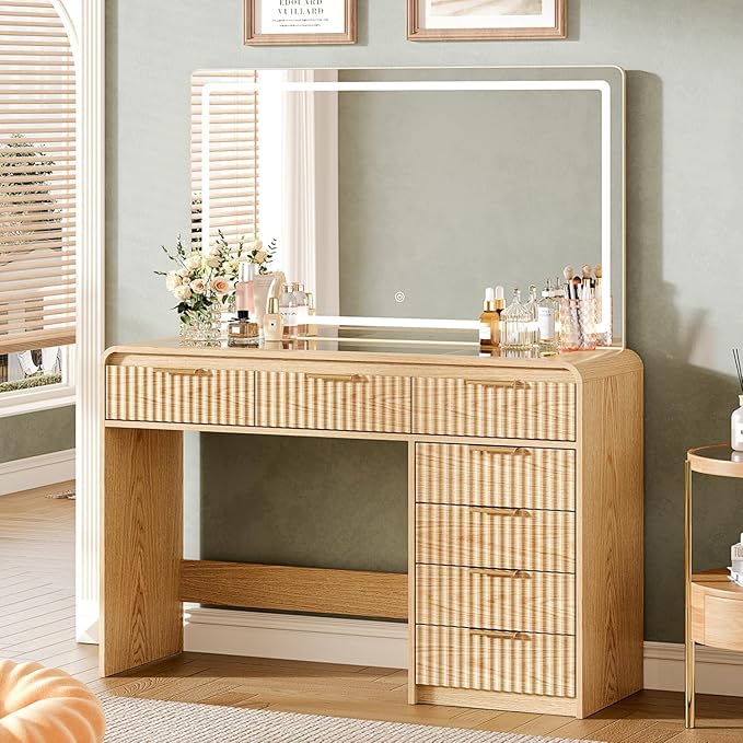 47“Makeup Vanity Desk with 44.8" Mirror and Lights, Vanity Desk with 7 Drawers, Makeup vanity table with a glass tabletop, 3 Color Modes & Adjustable Brightness Dressing Table, Bedroom,Oak515