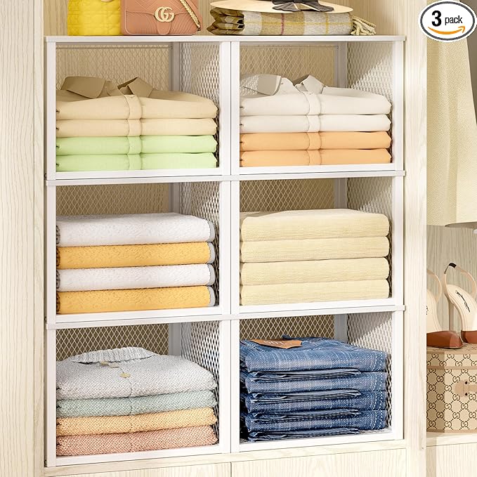3 Pack Stackable Closet Organizers and Storage Basket, Closet Shelves with Wood Top Extra Storage, Multifunctional Clothes Organizer Bins/Cube Storage Drawer for Wardrobe Kitchen Laundry Room, White