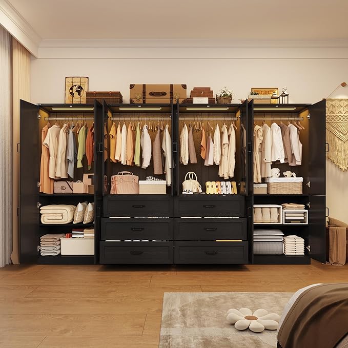 Hlivelood 75" Tall Farmhouse 8 Doors Armoire Wardrobe Closet with 6 Drawers and LED,Freestanding Closet Wardrobe Cabinet for Bedroom with Hanging Rod,Wooden Armoire Storage Cabinet(Black 8 Doors)