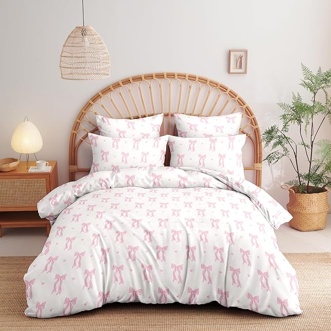Nayoroom Pink Bow Duvet Cover Queen Size Heart Duvet Cover Coquette Bedding Set 3 Pieces Girls Cute Dorm Bedding Set with Pillowcases Soft Lightweight Microfiber