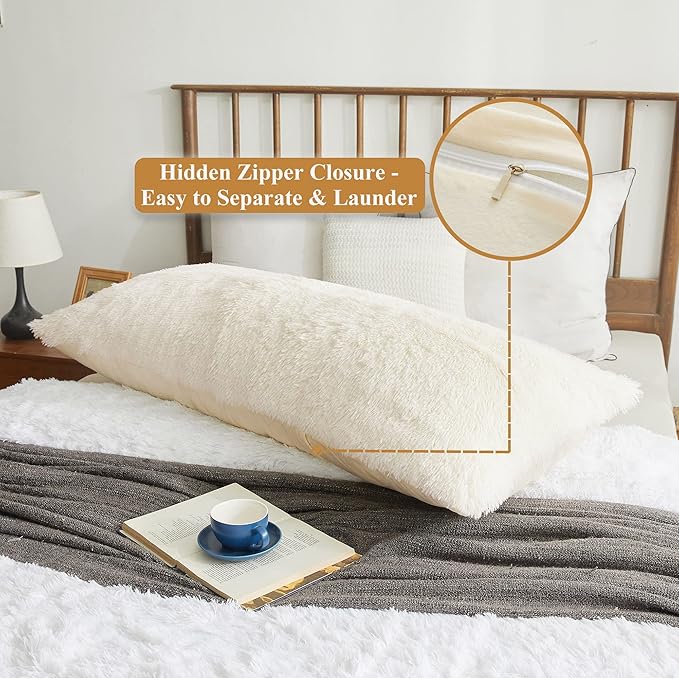 XeGe Luxury Shaggy Faux Fur Body Pillow Cover, Fluffy Ivory Bed Pillowcase with Zipper Closure, Soft Decorative Plush Fuzzy Long Pillow Sham for Home Bedroom Pregnant Women 20"x54" Beige