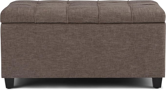 SIMPLIHOME Sienna Storage Ottoman Bench - 33 inch Wide Upholstered Linen Look Fabric Rectangle Storage Ottoman Bench in Tanners Brown, Transitional Tufted Ottoman for Living Room with Lift Top