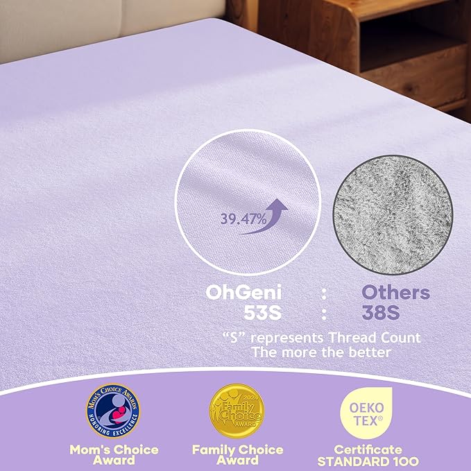 OhGeni 100% Waterproof Mattress Protector, Queen Size Purple, Fitted Sheet with Deep Pockets, 6''-18'', Premium Noiseless Breathable Soft Material, Mattresses Cover for Bed
