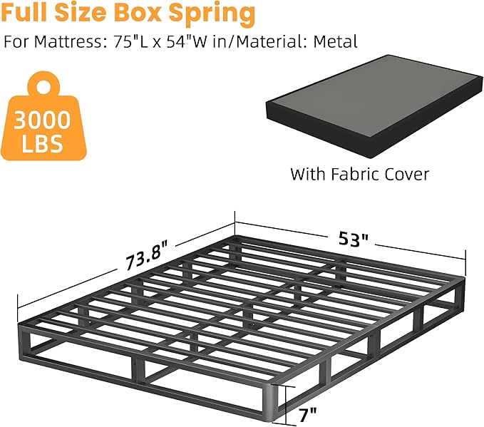 VIPSHOW 7 Inch Full Metal Box Spring with Round Corners - 3000 lbs Capacity, High Profile Heavy Duty Mattress Foundation with Steel Slats, Noise-Free, Easy Assemble, Black