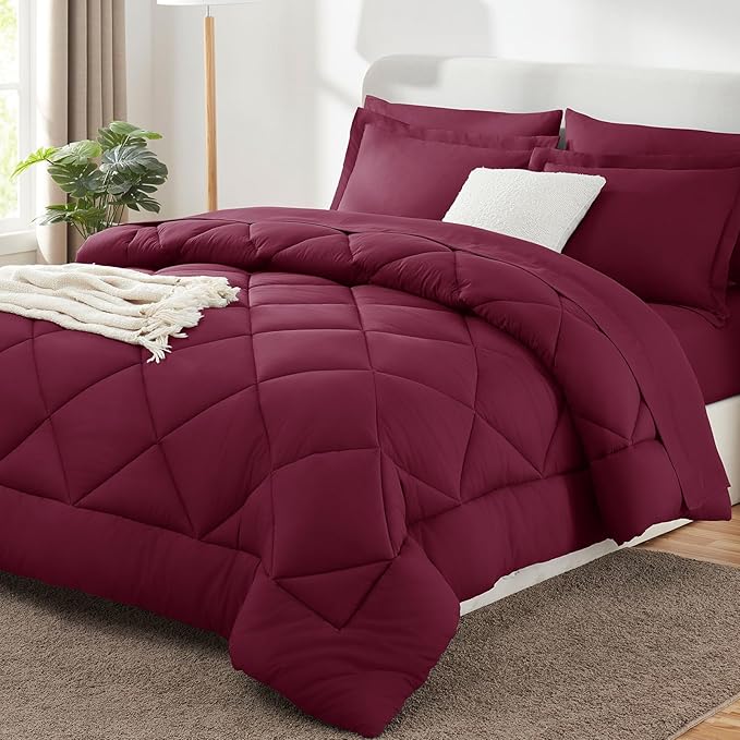 CozyLux King Size Comforter Set Burgundy - 7 Pieces Bed in a Bag King, Luxury Soft Bed Set for All Seasons, Bedding Set with Down Alternative Comforter, Sheets, Pillowcases & Shams