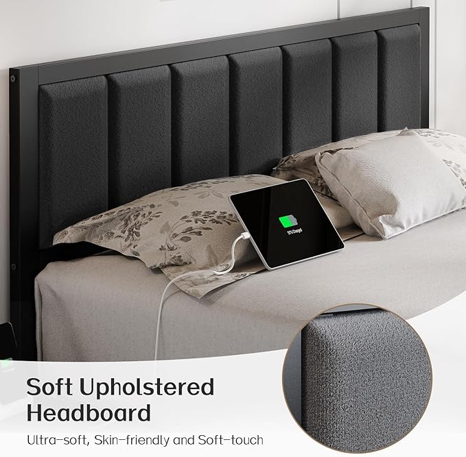 OLEVS Full Bed Frame with Headboard Metal Platform Bed Full Size with USB Charging Station and LED Lights, No Box Spring Needed