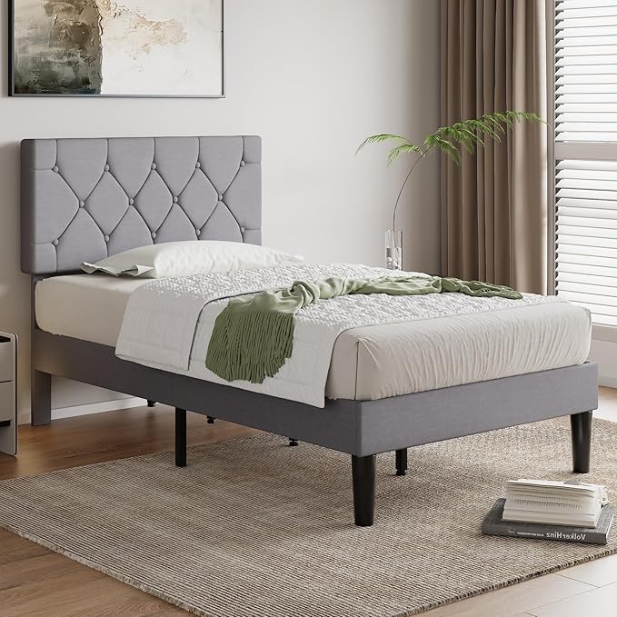 VECELO Twin Size Bed Frame with Button Tufted Headboard, Upholstered Platform Bedframe with Wood Slat Support, No Box Spring Needed, Velvet & White