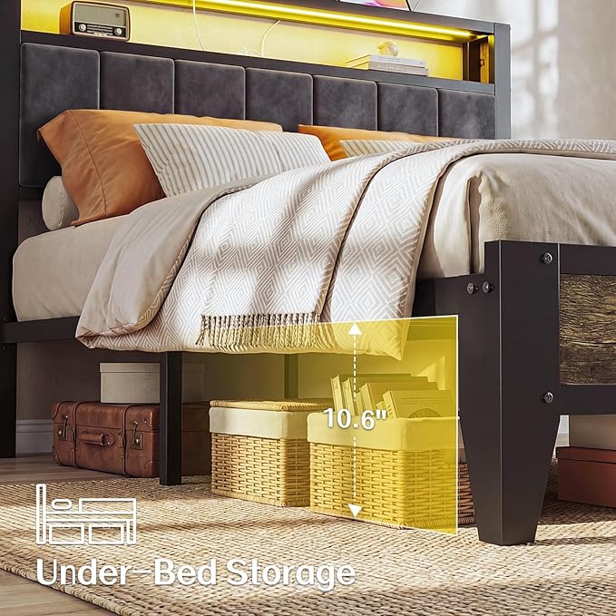 OLEVS Full Bed Frame with Headboard, Metal Platform Bed Full Size with 2-Tier Storage, LED Light & Charging Station Type C, No Box Spring Needed