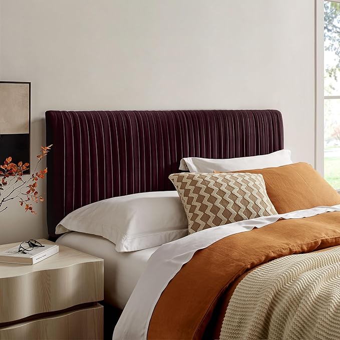 Modway Eloise King Velvet Headboard with Ruched Details in Mulberry - Modern Bed Headboard Only with Stain-Resistant Performance Upholstery, Height-Adjustable Mount