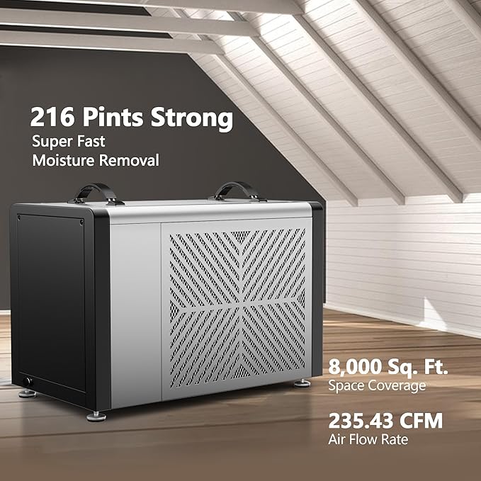 Yaufey 216 Pints Commercial Dehumidifier with Pump for 8000 Sq.Ft. Crawl Space, Basement, Industrial Area, 10-90% RH Humidity Control, 24/7 Running Continuous Drainage, TUV Certified, 5-Yr Coverage