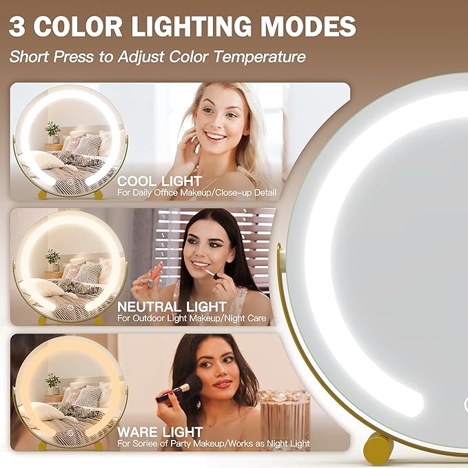 ROLOVE Aesthetic Gold Vanity Mirror with Soft Lights, 12 Inch Standard 1X View, 3-Color Dimmable Tabletop Mirror for Bedroom Decor, 360° Rotation Ambient Light up Mirror