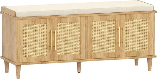Akxomel Rattan Shoe Storage Bench with Cushion, 2-Tier Entryway Bench with Adjustable Shelves and 4 Doors, 15" D x 47.2" W x 20" H, Solid Wood Legs, for Hallway, Living Room, Bedroom, Natural Oak
