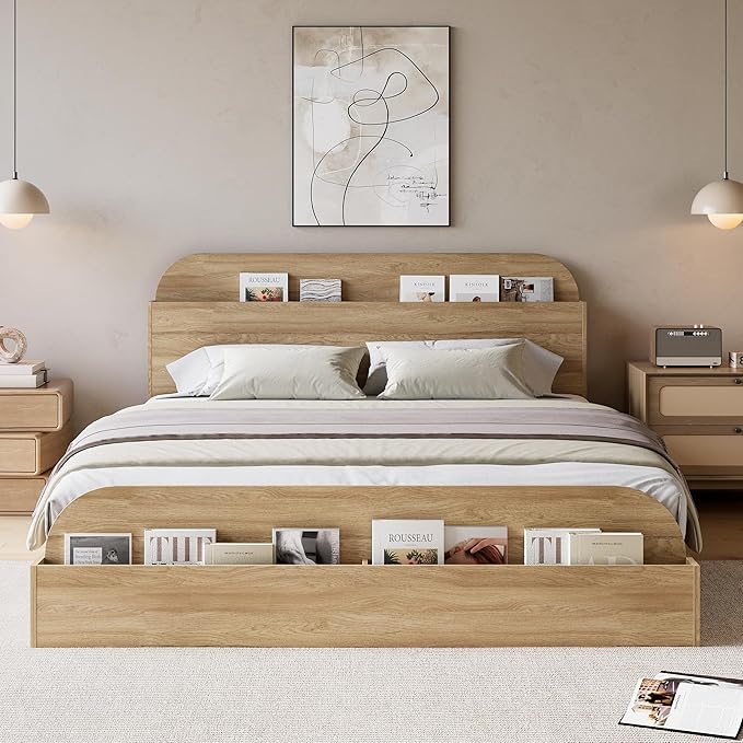 Garvee Queen Size Bed Frame with Storage Headboard and Raised Footboard – Wooden Queen-Floor Low Platform Bed for Bedroom, Heavy Duty & Noise Free, No Box Spring Needed, Natural