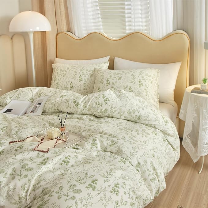 mixinni Girls Boho Green Floral Duvet Cover Set Twin XL Size Cotton Soft Aesthetic Cute Flowers Leaves Pattern Bedding Comforter Cover, 1 Queen Duvet Cover with 2 Pillowcases for All Seasons