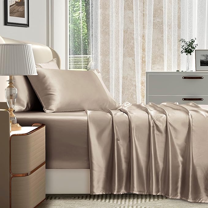 Homiest 4pcs Extra Deep Pocket Satin Sheets Queen Size Bed Set, 18-24 Inch Deep Pocket, Taupe Satin Sheet Set Fits Ultra Deep Mattress