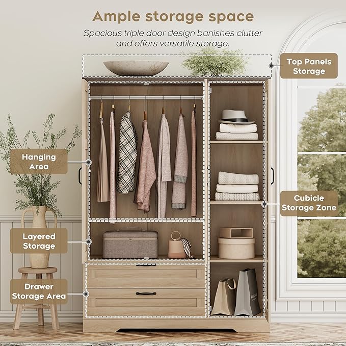 XIAO WEI Armoire Wardrobe Closet with 3 Door, Bedroom Wooden Armoires with Full Length Mirror, Large Clothing Storage Cabinet 2 Drawers, Hanging Rod (Natural, 3 Door)
