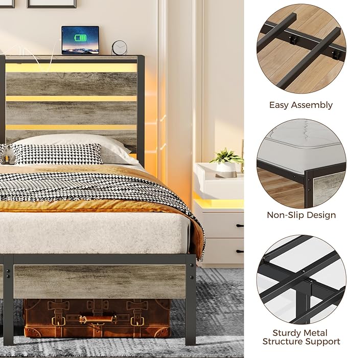 Rolanstar Bed Frame Queen Size with USB Charging Station, LED Bed Frame with Wood Storage Headboard, Light Grey Metal Platform Bed with Under Bed Storage, No Box Spring Needed, Noise Free