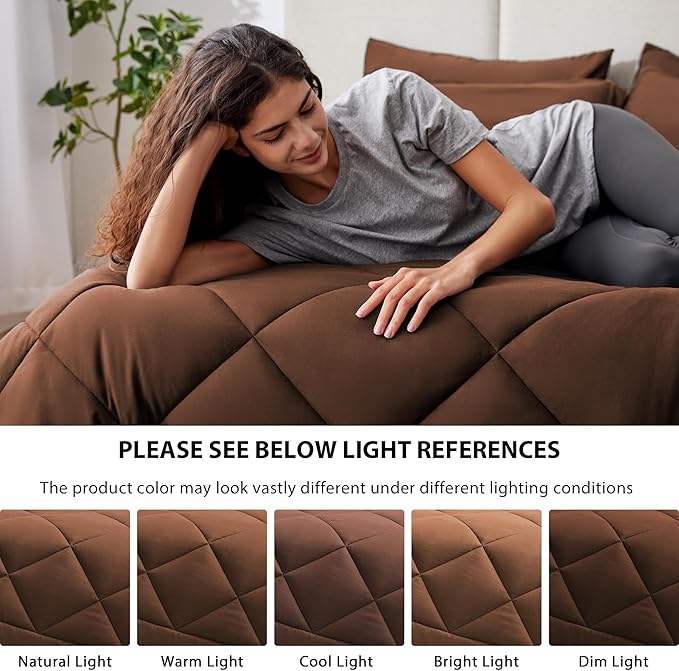 Love's cabin King Size Comforter Set Brown, 7 Pieces King Bed in a Bag, All Season Bedding Sets with 1 Comforter, 1 Flat Sheet, 1 Fitted Sheet, 2 Pillowcase and 2 Pillow Sham | Soft, Breathable, Lightweight, Comfortable