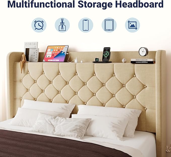 Allewie Queen Size Bed Frame, Storage Headboard with Charging Station, Wingback Linen Upholstered, Diamond Stitched Button Tufted, Sturdy Wooden Slats, No Box Spring Needed, Easy Assembly, Beige