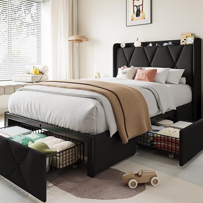 Einhomn Twin Bed Frame with 3 Storage Drawers, Upholstered Bed Frame with Charging Station and Storage Headboard, No Box Spring Needed, Easy Assembly, Black