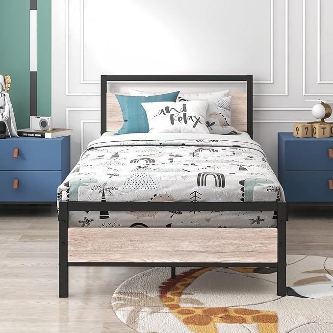 HOJINLINERO Twin Bed Frames with Wood Headboard,Metal Twin Platform Bed Frame No Box Spring Needed,Heavy Duty Steel Slats,No Noise,Black and Teak Oak