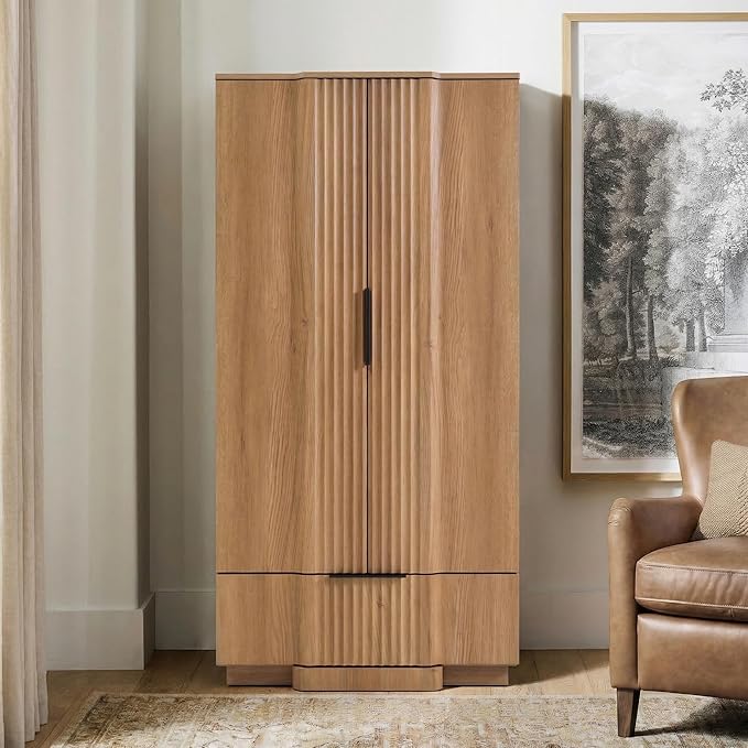 Brafab 67" Fluted Armoire Wardrobe Closet Set of 2 with Drawers and Doors, Wooden Wardrobe Cabinet with Adjustable Shelves, Modern Storage for Clothes, Coats for Bedroom,Natural Wood(2 pcs)