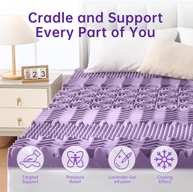 MUXHOMO 3.9 Inch 7-Zone Cal King Mattress Topper, Egg Crate Memory Foam Mattress Topper Cal King for Back Pain, Lavender Cooling Gel Infused Bed Pad, CertiPUR-US and Oeko-TEX Certification (83"×71")