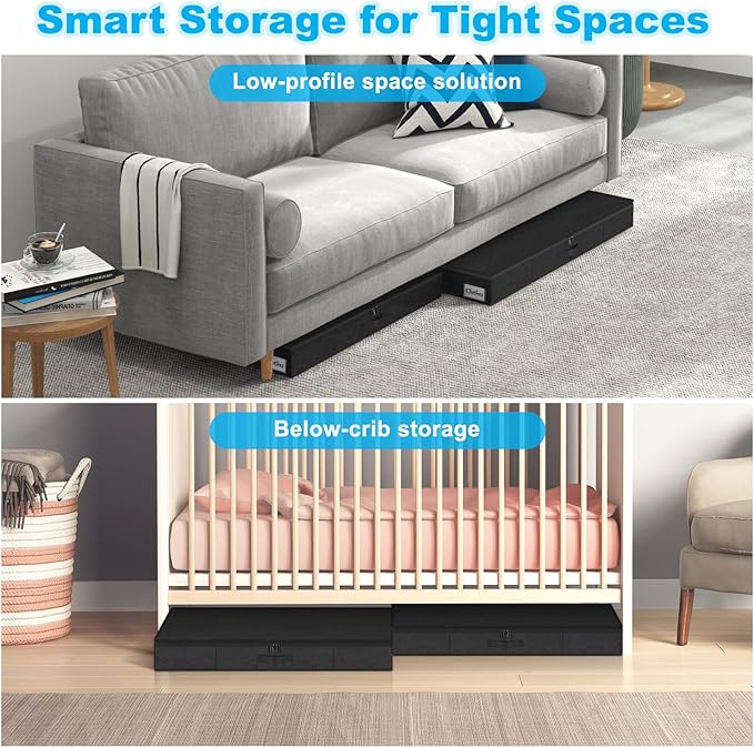 Under Bed Storage Container Bins 4 Pack, 4 Inch Thin Low Profile Underbed Clothes Storage Organizer for Dorm & Home, Use for Blanket and Toy Storage Box W/ Sturdy Bottom/Sides, Foldable Thick Fabric