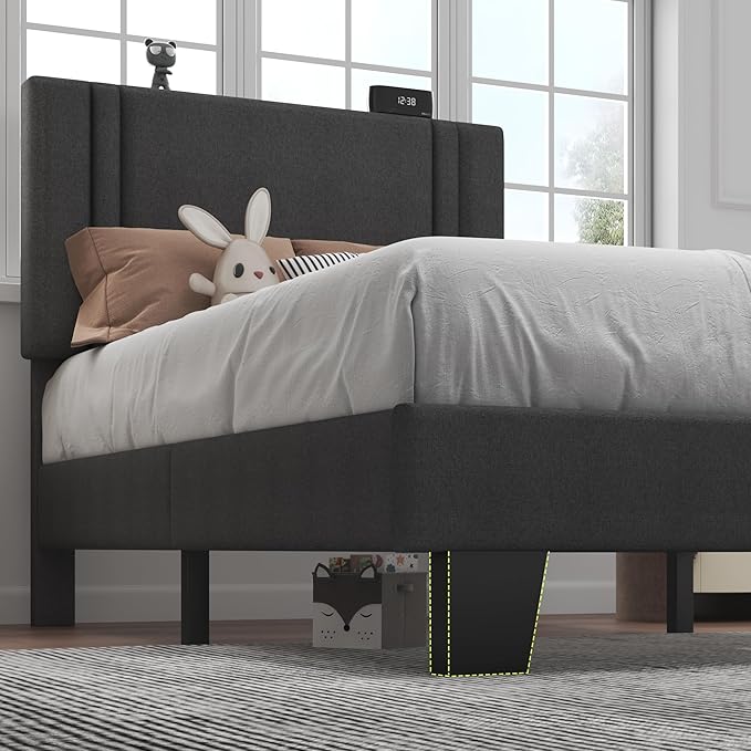 Feonase Twin Platform Bed Frame, Fabric Upholstered Twin Bed Frame, Solid Wood Slats & Heavy Duty Feet Support, No Box Spring Needed, Noise-Free, Easy Assembly, Dark Grey